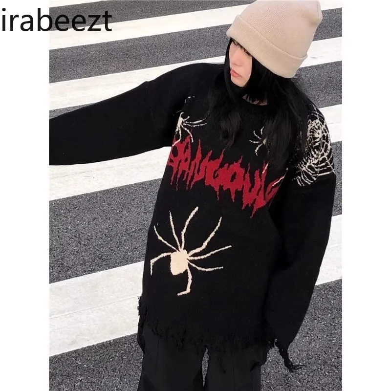 Ladies Sweater Autumn/Winter Hip Hop O-Neck Spider Web Embroidery Trendy Personalized Raw Edge Knitted Pullover Women's Clothing