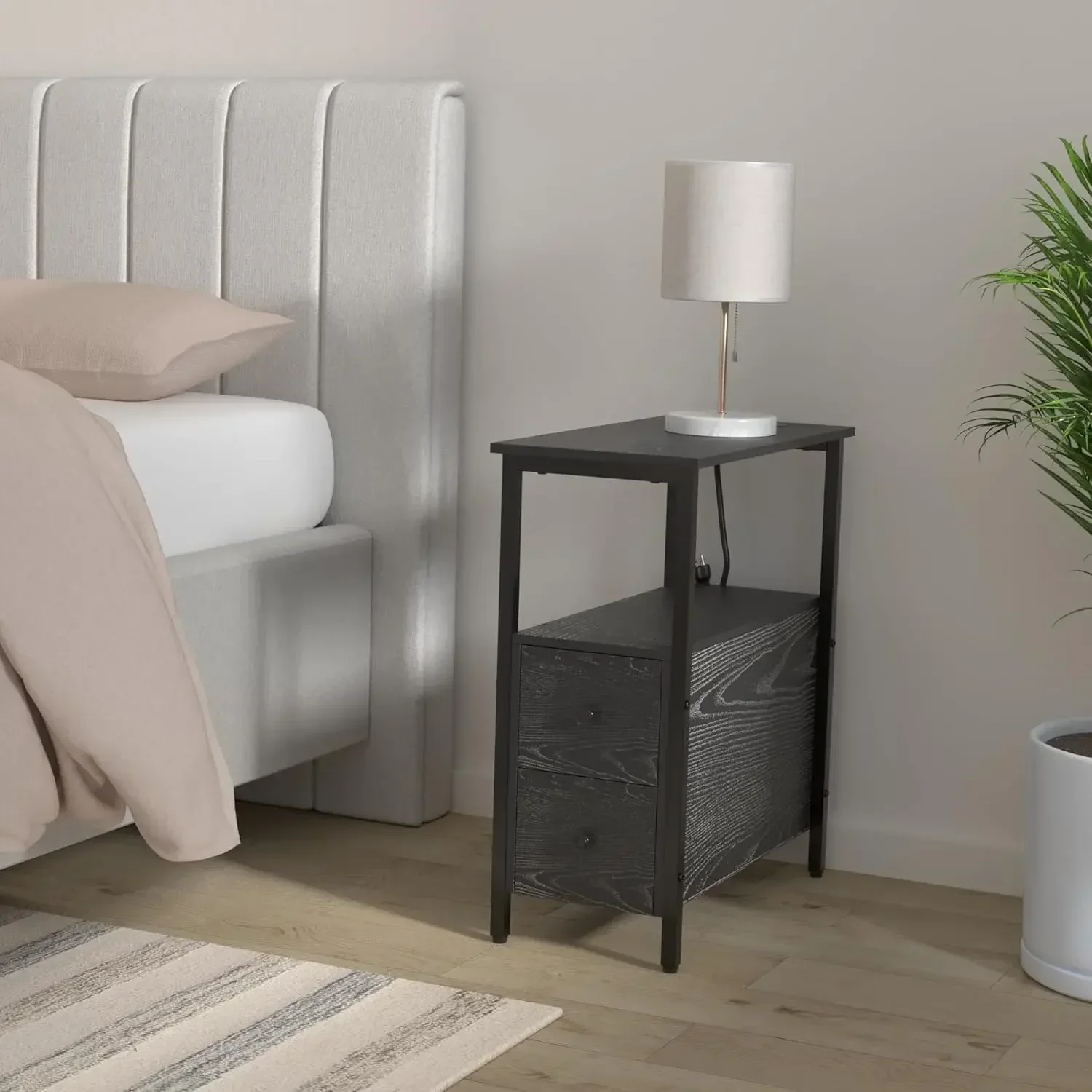 End Table with Charging Station, Narrow Side Table with 2 Wooden Drawers, USB Ports and Power Outlets, Nightstand Sofa Table