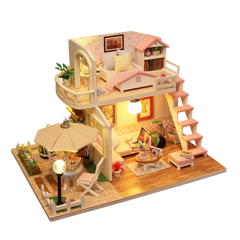 Wooden Miniature Doll House 3D Puzzle Small House Kit Assembly Model Building Home Decoration With LED Lights Birthday Gifts