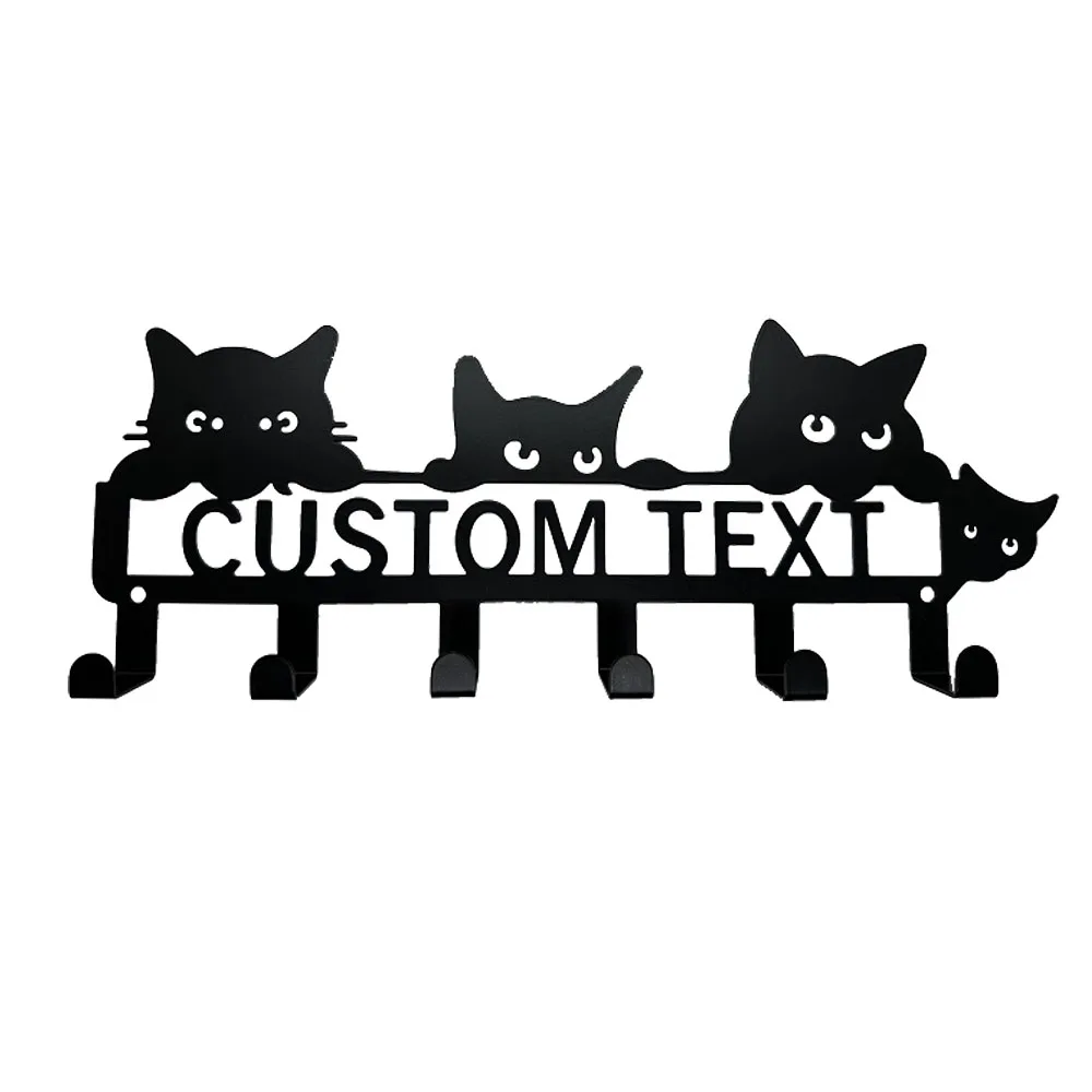 Personalized Entryway Coat Hooks Black Cats Key Holder Custom Text Rack Metal Wall Art Personalized Gift 6 Hooks Key Holder