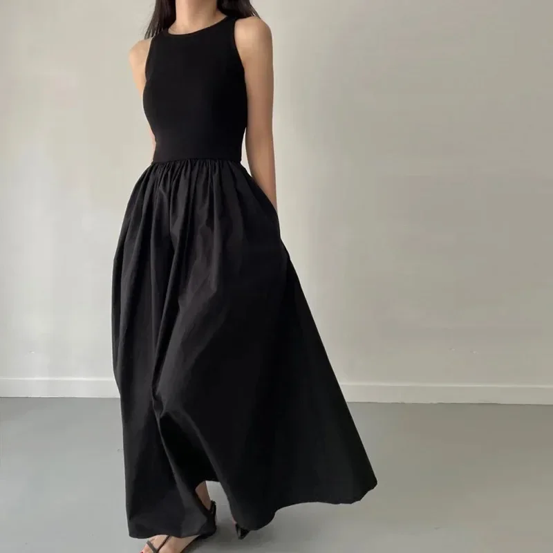 New Summer Simple Elegant Black Long Dresses For Women Round Neck Sleeveless High Waist Temperament Female Fashion Style Dress