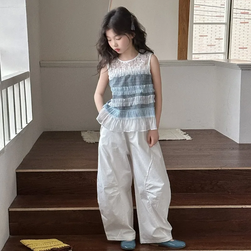 

Children Clothes Girl Summer Sleeveless Lace Patchwork Ruffle Tiered Tank Top And Loose Casual Wide Leg Pants Sweet Cute 2026