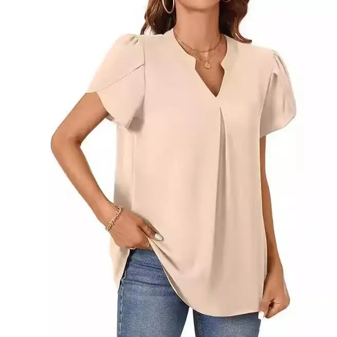 

Women's Petal Sve ort irt Collar Top Polyester Fiber Spandex Blend Regular Thin Summer Season Iron-Free Treaent