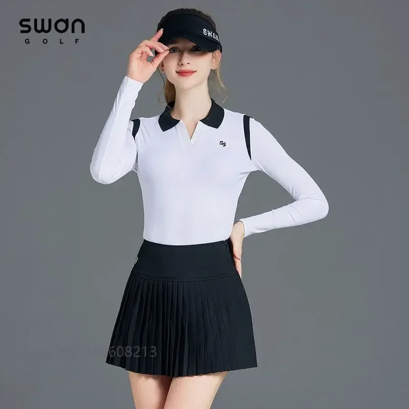 SG Korean Ice Silk Long-sleeve Blouse Lady Sun Protected Golf Shirts Golf High Waist Pleated Skirt Women Skorts Sets V-neck Tops