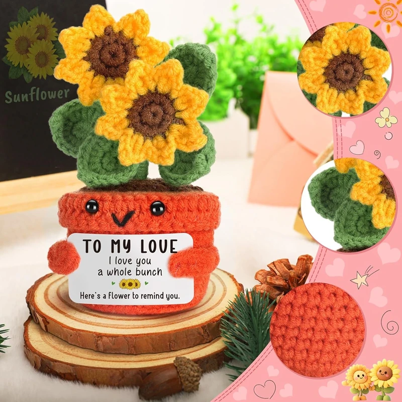 Sunflower Emotional Support Handmade Crochet Potted Plant Flower with Positive Card Office Bookshelf Living Room Decoration Gift