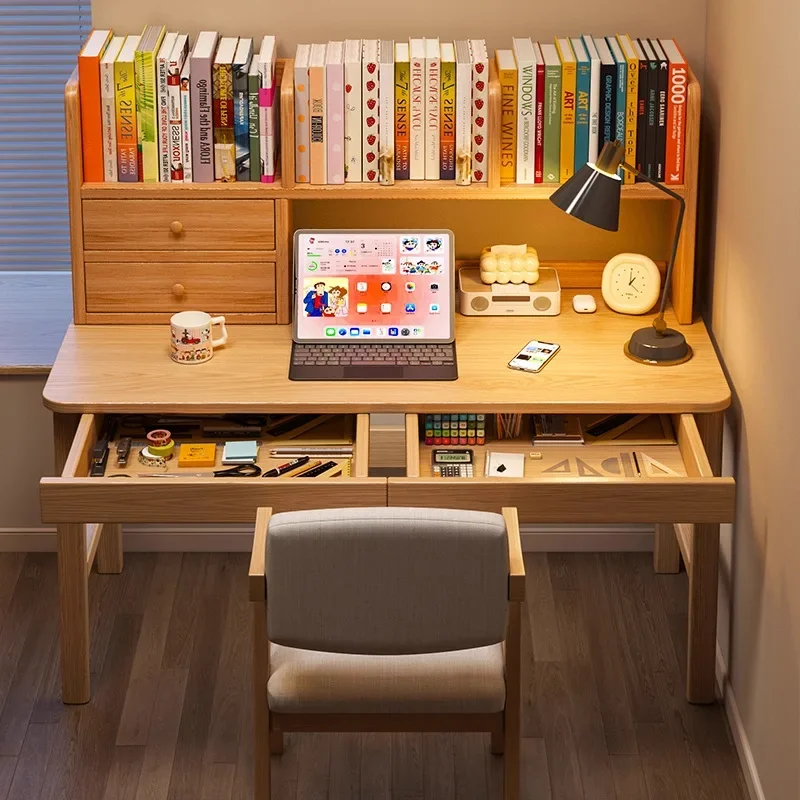 

Solid wood desk bookshelf integrated table household student study table bedroom student writing table small