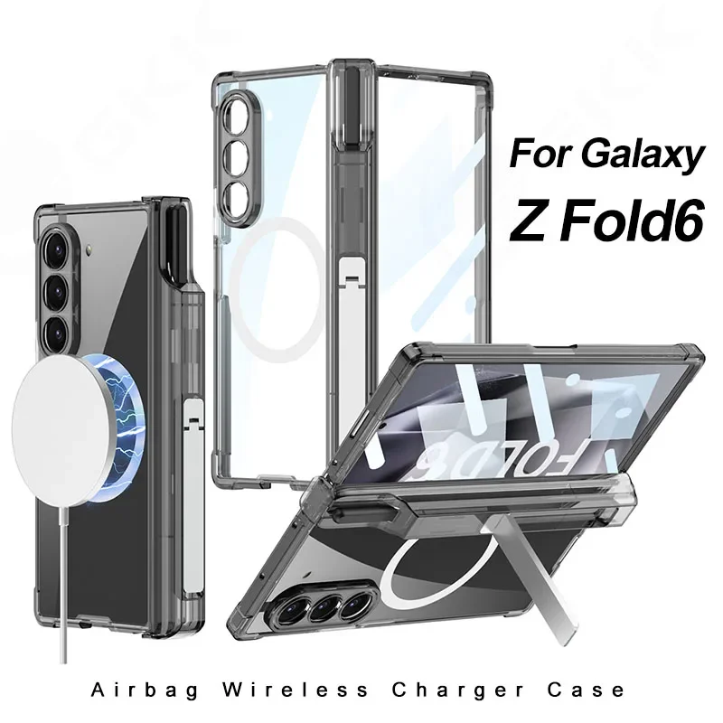 

Airbag Bumper Wireless Charge Case for Samsung Galaxy Z Fold 6 Fold6 Outer Screen Glass Hinge Pen Holder Stand Hard Cover