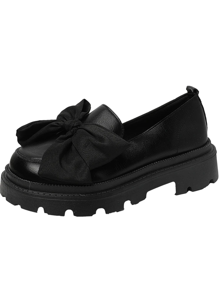 Damskie buty Derby okrฤ
gลe Toe Modis Casual damskie trampki mokasyny z futra drewniaki platforma caลy mecz Bow-Knot skรณra Retro 2022