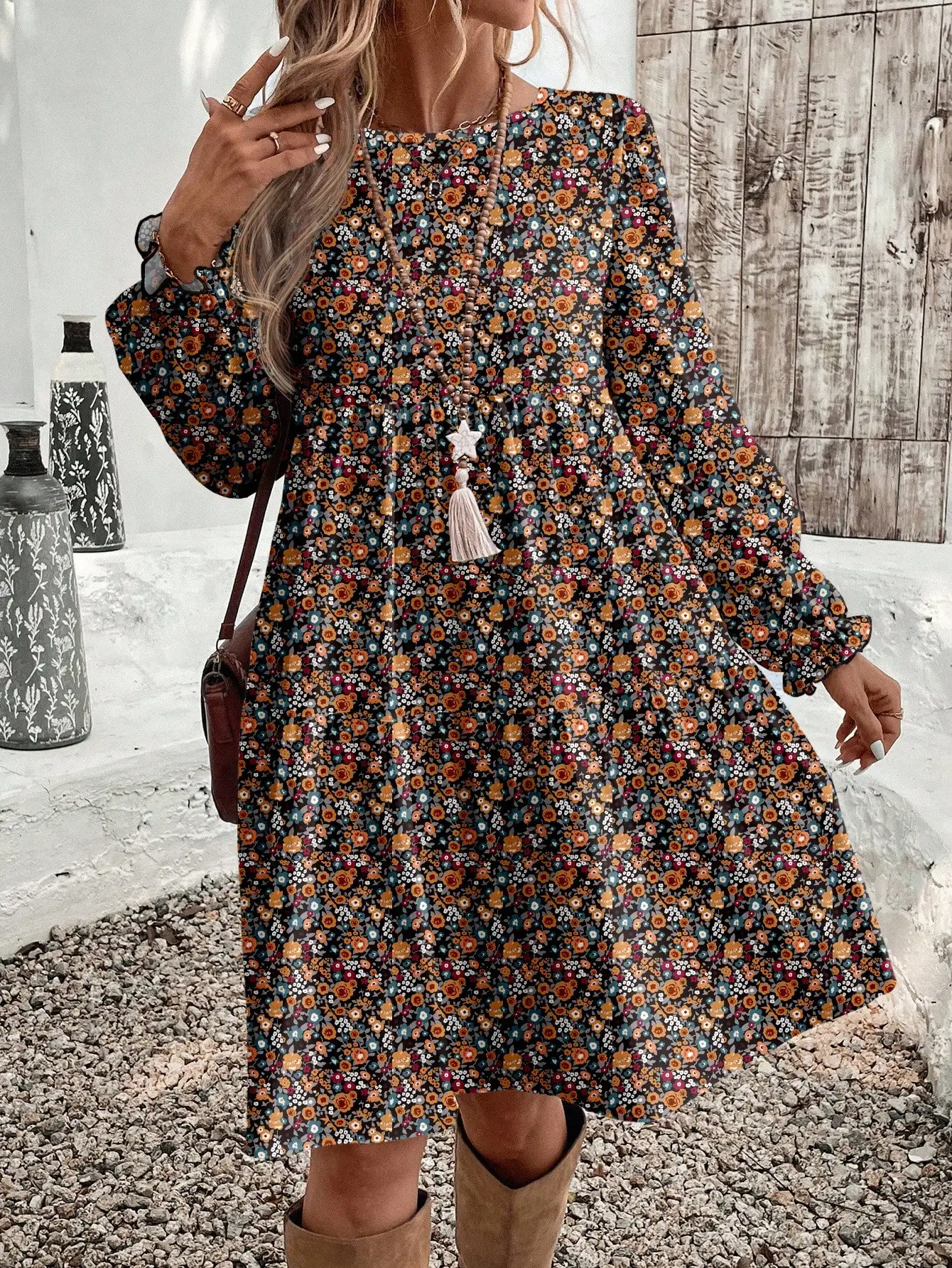 

Boho Floral Long Sleeve Midi Dress with Lantern Sleeves for Fall Autumn Casual Wear