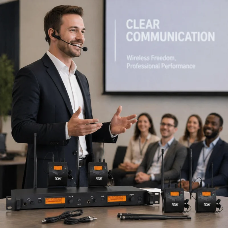 NXG GS40-EARBACK Dual Channel UHF Wireless In-Ear Monitor System, Rack Mount Metal Transmitter with 4 Bodypack Receivers, 200 Adjustable Frequency Channels, Stable Anti-Interference Signal, Real-Time LCD Monitoring for Stage Performance, Band Rehearsal