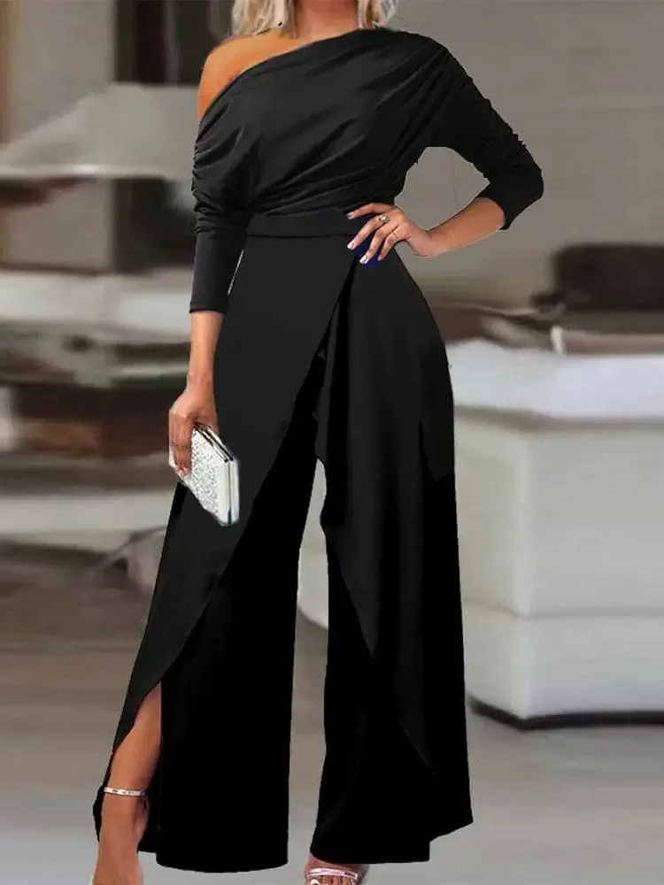 2026 New Off Shoulder Jumpsuit With Fashionable Asymmetrical Long Sleeves And Simple Daily Unique High Waist Wide Leg Jumpsuit