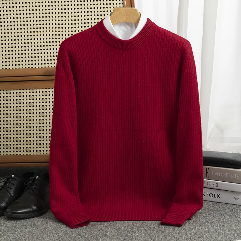 Vertical stripes Fall/Winter new 100% Merino wool pullover Cashmere sweater Men's O-neck pullover warm bottom knit shirt top