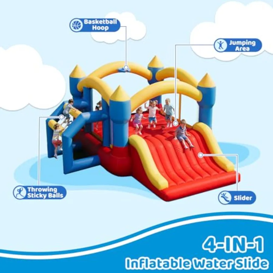 Backyard indoor outdoor inflatable bounce castle with slide for kids, durable thick PVC material, blue and red color, includes