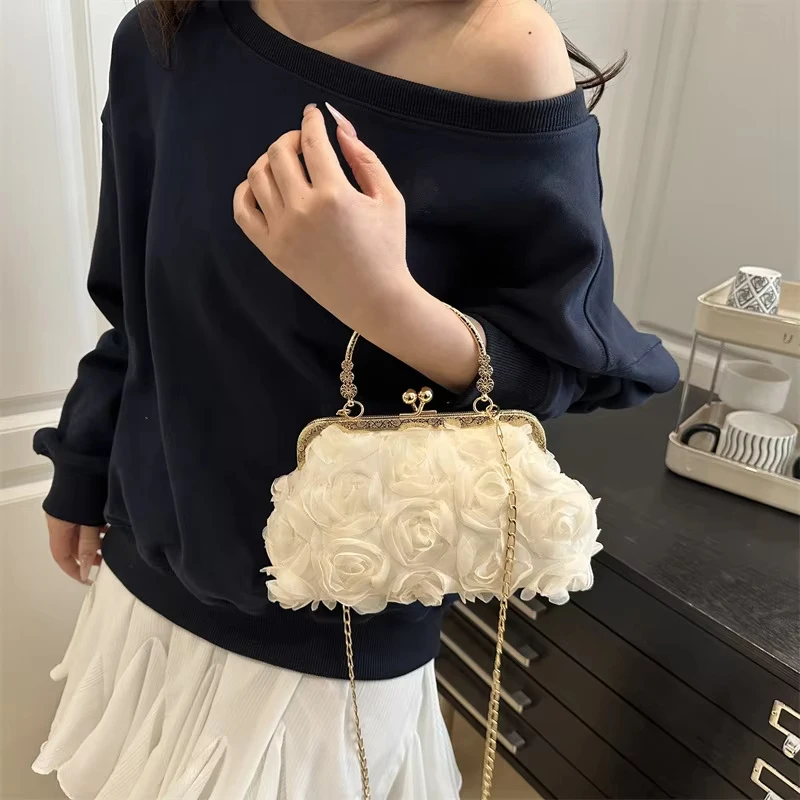 Chiffon Crossbody Bag Fashion 3D Flower Bag Polyester Fiber Bag For Prom Banquet Evening Party Fashion Shoulder Bag Clutch Bag