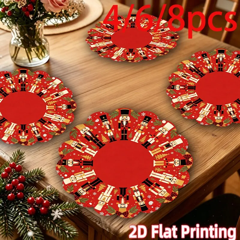 VIKAMA Linen Scalloped Placemats, Christmas Teddy Bear Wreath, Washable Stain Resistant Easy Clean, Holiday Table