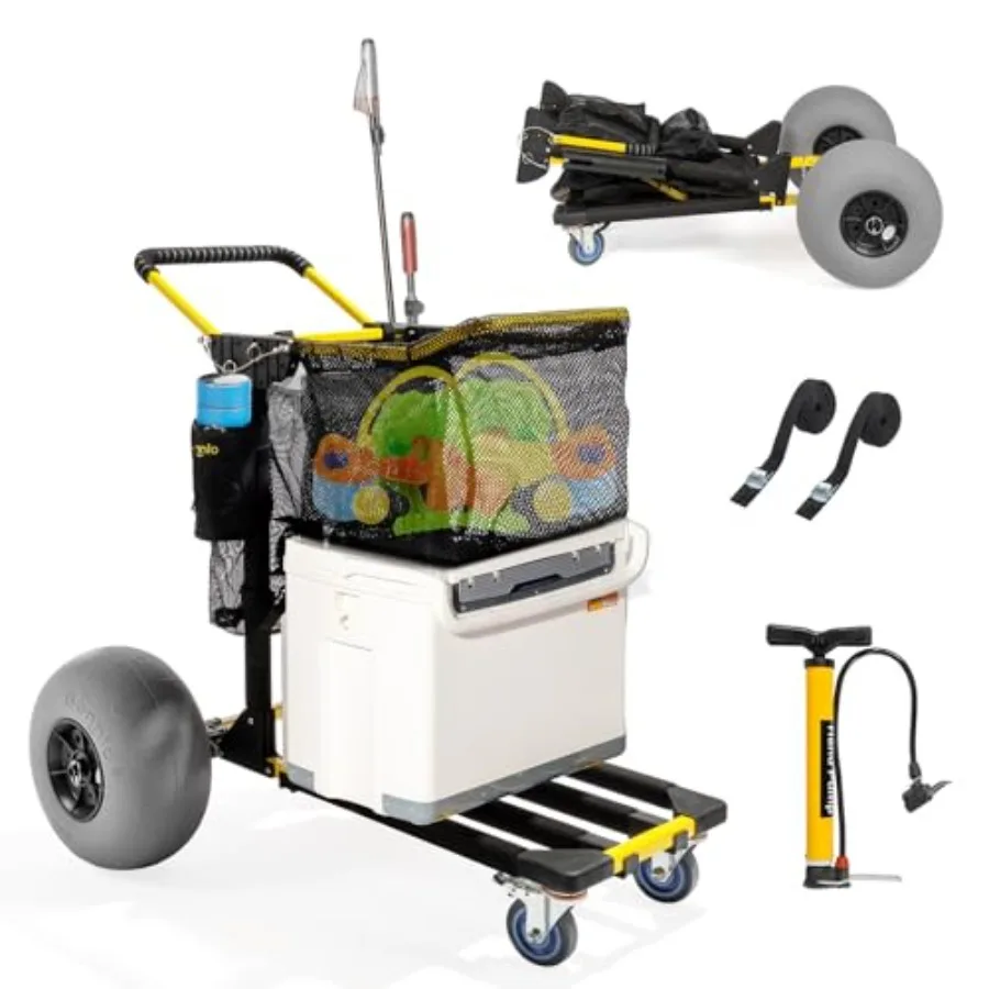 

Foldable 2in1 Beach Buggy Cart with 12 Big Balloon Wheels for Sand Large Cargo Deck for Beach and Fishing Adventures Includes F