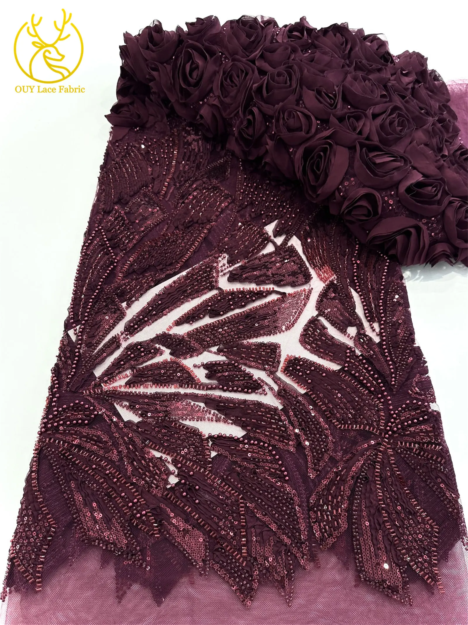 Rosa 3D Mode-Mesh-Tüll-Spitzenstoff 2026 Nigerianischer Perlen-Pailletten-Spitzenstoff für Damen Hochzeits- und Abendkleider zum Nähen 5 Yards – Detail 22