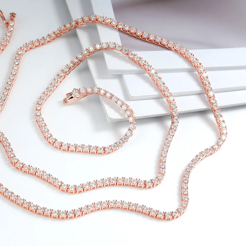 EWYA S925 Silver Plated 18k Rose Gold All Moissanite Tennis Necklace D VVS1 2/2.5/3/4/5mm Pass Diamond Test Neck Chain Woman Man