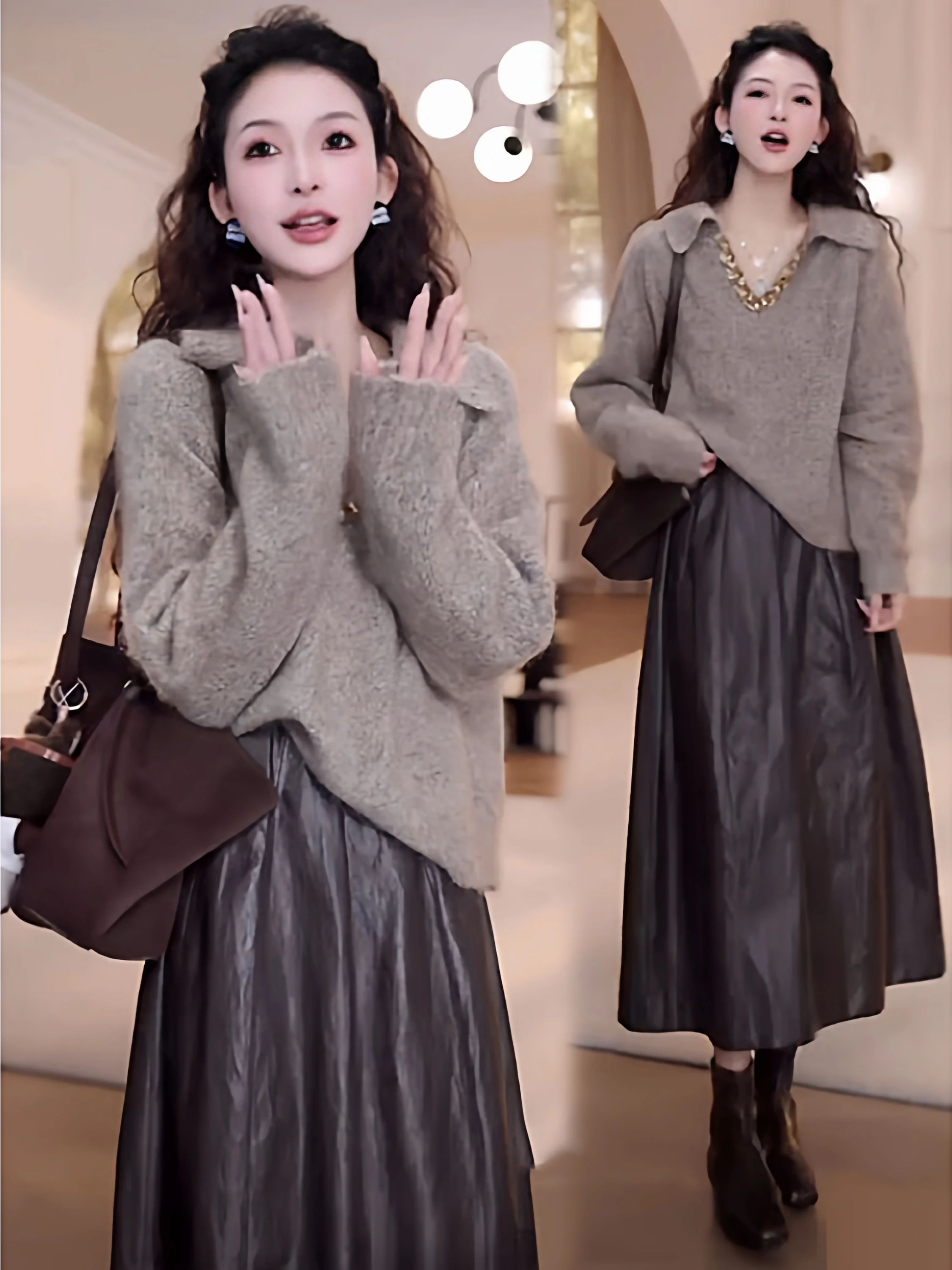 

plus Size Lazy Sle Korean Soft Knitted Top High Waist Skirt Spring Versatile Slimming Two-Piece Set for Middle-Aged Women