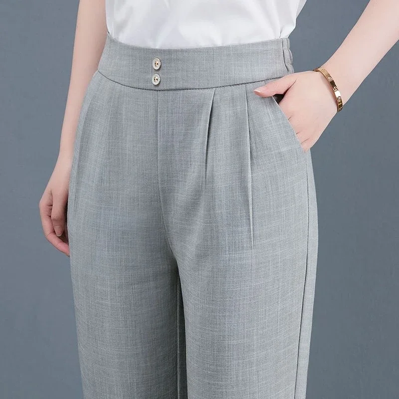 Spring Autumn Loose Casual Women\'s Clothing Elastic High Waisted Button Pockets Straight Trousers Commuter Fashion Pants