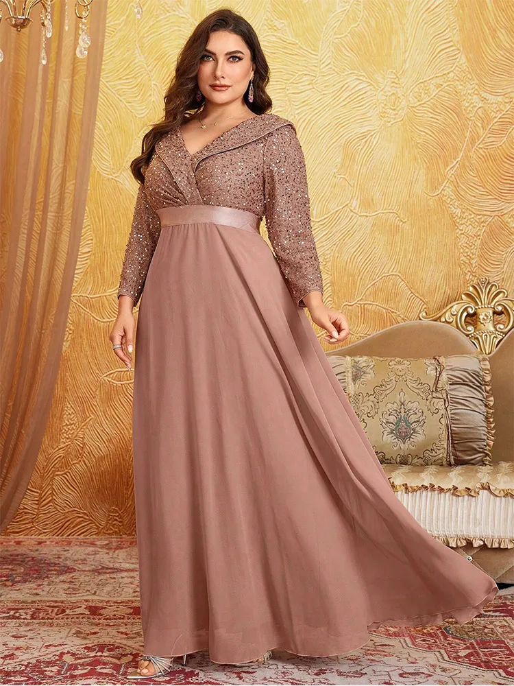 Plus Size V Neck Sequined Long Sleeve Luxurious Chiffon Evening Gown 2024 Big Size Apricot Sequin Banquet Evening Gown Women