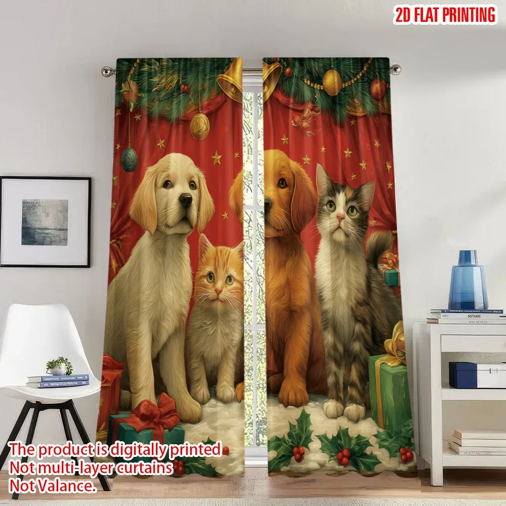 

2pcs 2D flat printing Merry Christmas Curtains Christmas Puppies Kittens Gifts Digital Printed Polyester Drapes Holiday