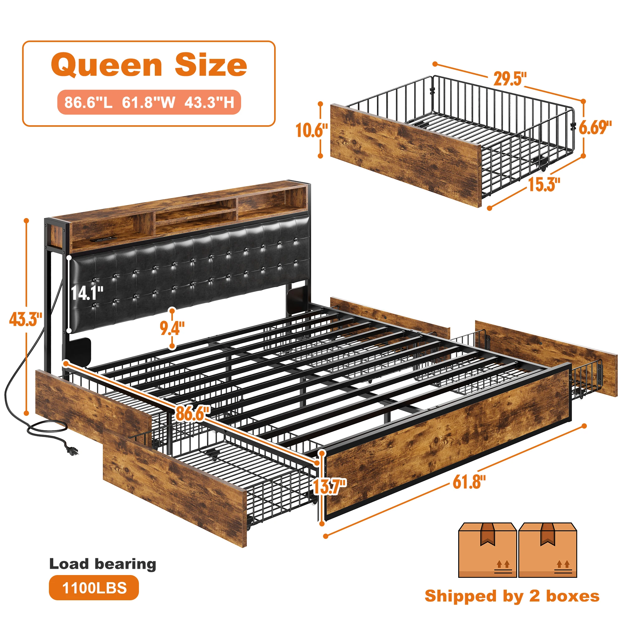 EnHomee Metal Bed Frame with 4 Storage Drawers & Charging Station Headboard Upholstered Platform Bed Frame with Upholstered Headboard No Noise image 7