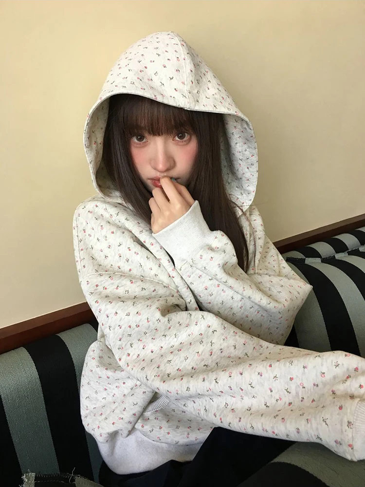 

Милые толстовки на молнии с цветочным принтом, женские осенне-зимние свободные повседневные толстовки с длинными рукавами, корейские милые универсальные пальто с капюшоном, новые