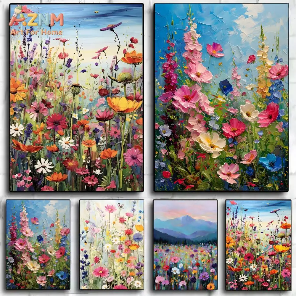 AZNM Thick Texture Wildflower Canvas Print Colorful Daisy Cosmos Floral Impasto Oil Painting Unframed Canvas Wall Art Country Fa