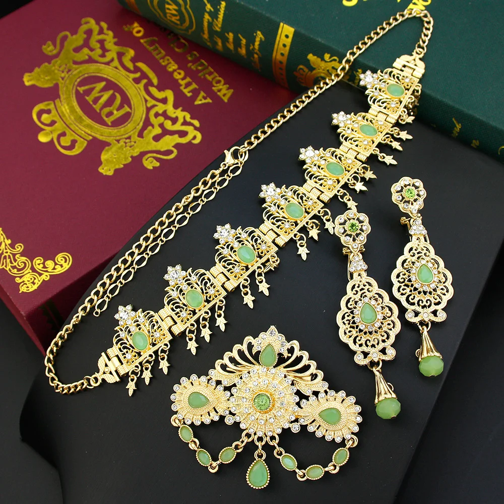 Sunspicems Gold Color Algeria Women Hair Chain Set Crown Crystal Bride Wedding Jewelry Tiaras Elegent Morocco Hair Accessories