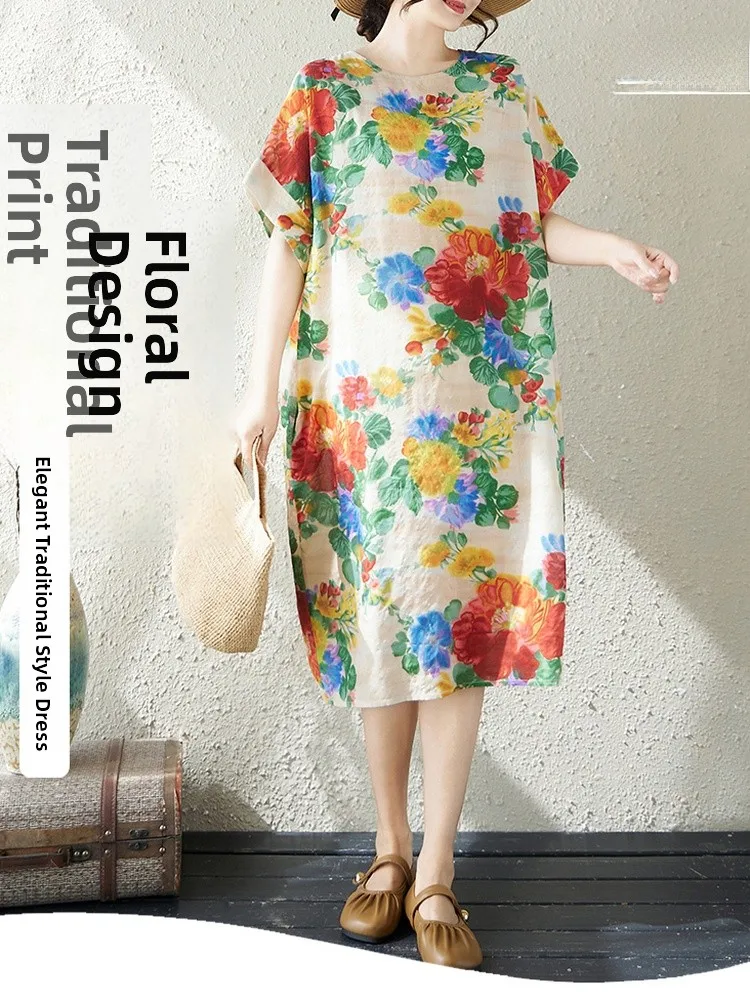 

plus Size Cotton Linen Short Sleeve Dress Casual Summer Thin Loose Women's Clothing Printed A-Line Midi Dress for All Ages