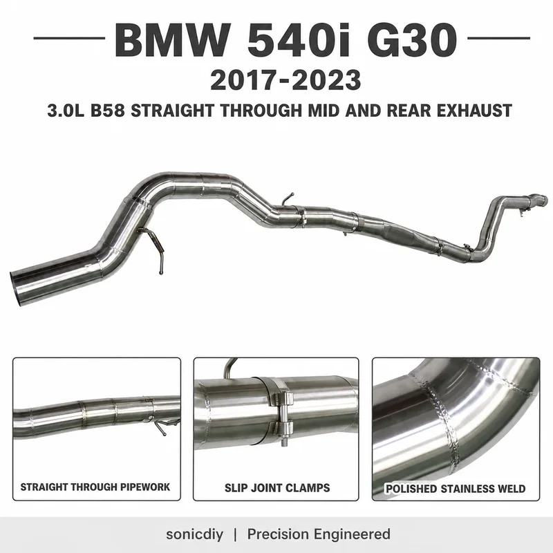 Straight Through Exhaust System for BMW 540i G30 3 0L B58 Turbo 2017- 2023 Mid and Rear Section Stainless Steel Pipe Set