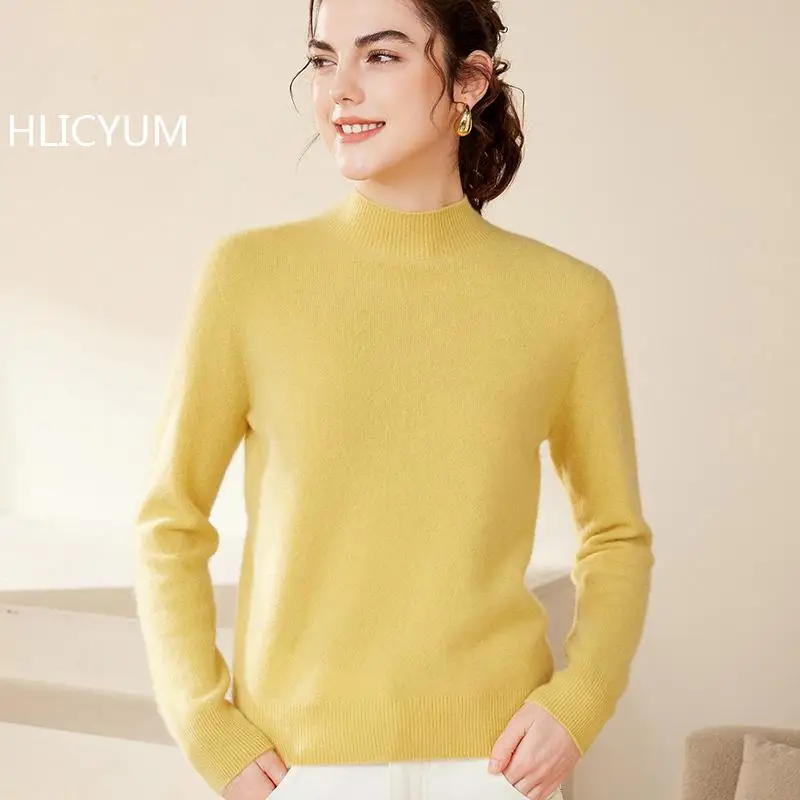 

100% pure cashmere women's sweater autumn/winter new semi high neck solid knitted pullover loose Jumper base Tops warm Blouse