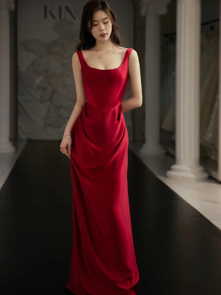 

Elegant Red Satin Fish Tail Evening Dress Wedding Engagement Ceremony Toasting Costume for Young Women mid Waist Long Gown