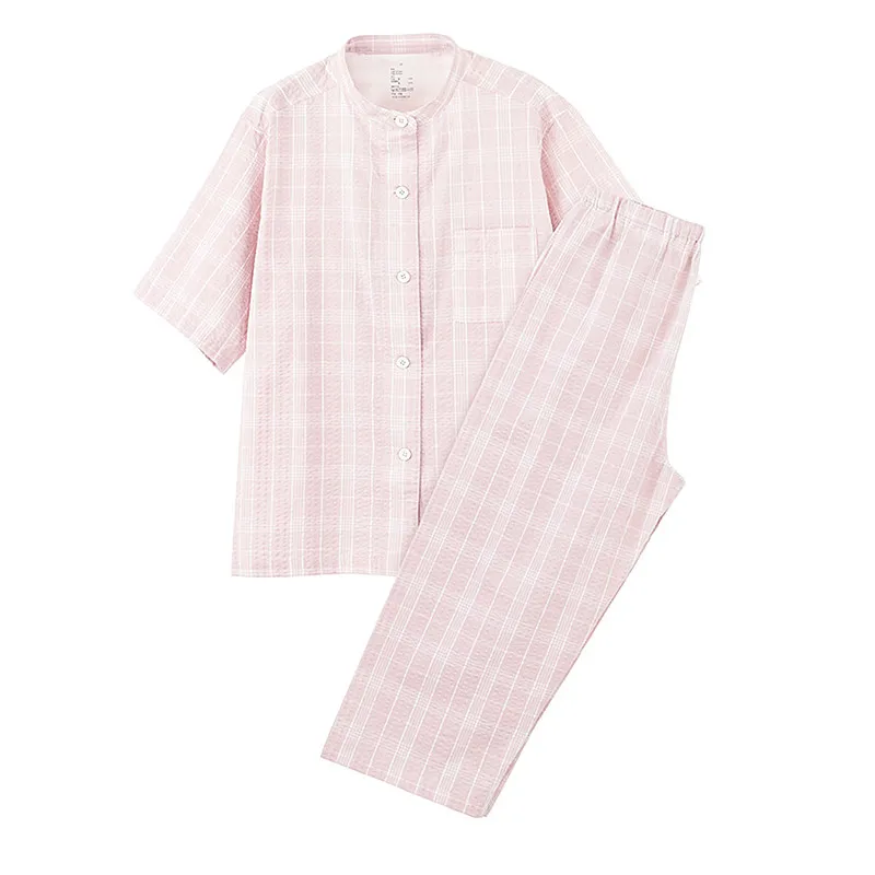 100% Cotton Short Sleeve Cropped Pants Suit Fashion Plaid Lounge Wear Pajamas For Women Summer Sleepwear Set Pyjamas Femmes