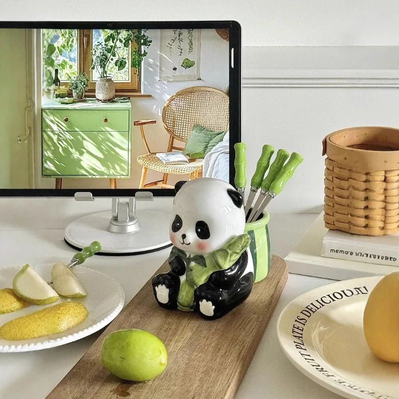

304 Stainless Steel Cute Fruit Fork Set Creative Bamboo Panda Storage Can Decoration High-end Home Kitchen Dessert Cake Fork