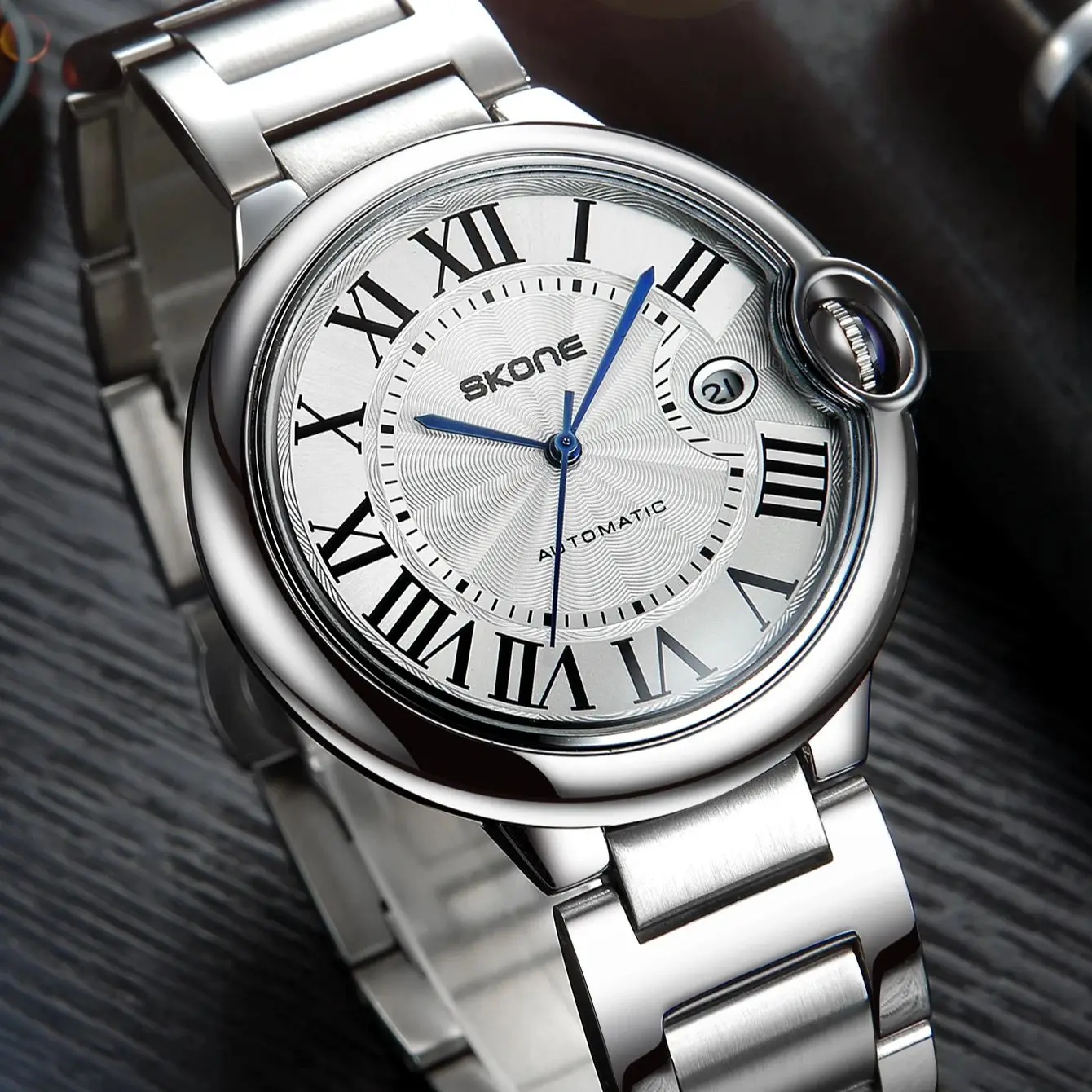 ساعة SKONE التجارية للرجال بحركة ميكانيكية أوتوماتيكية مقاومة للماء وبسيطة للأعمال الترفيهية الفاخرة من سلسلة Blue Balloon