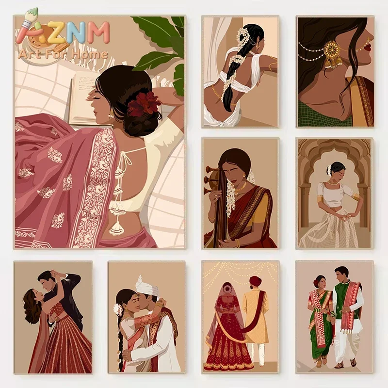 AZNM Indian Woman Saree Canvas Wall Art Bohemian Ethnic Bride Couple Illustration Print Unframed Canvas Poster for Living Room H
