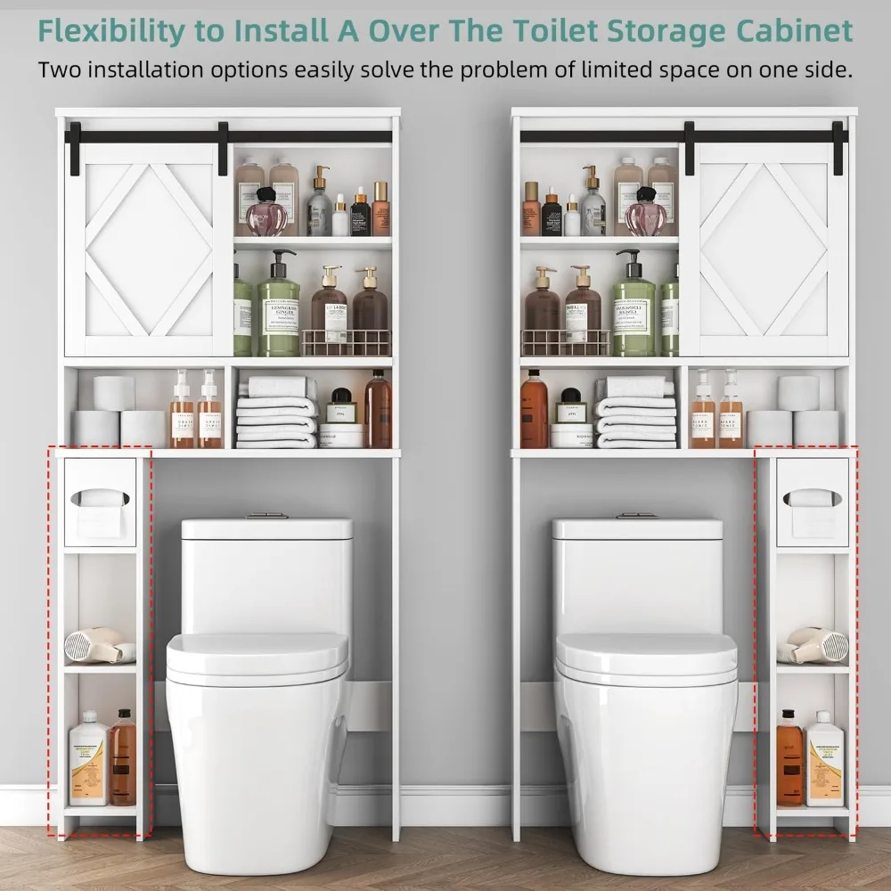 over the toilet storage cabinet with farmhouse sliding barn door, above toilet organizer with toilet paper holder stand, behind