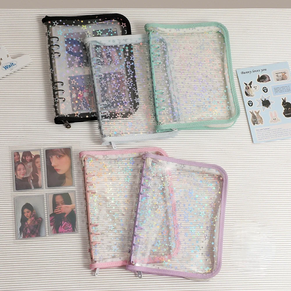 A5 Laser Star Zipper Binder Collect Book Refill Organizer DIY Journal Dairy Transparent Kpop Idol Photo Album Kawaii Stationery