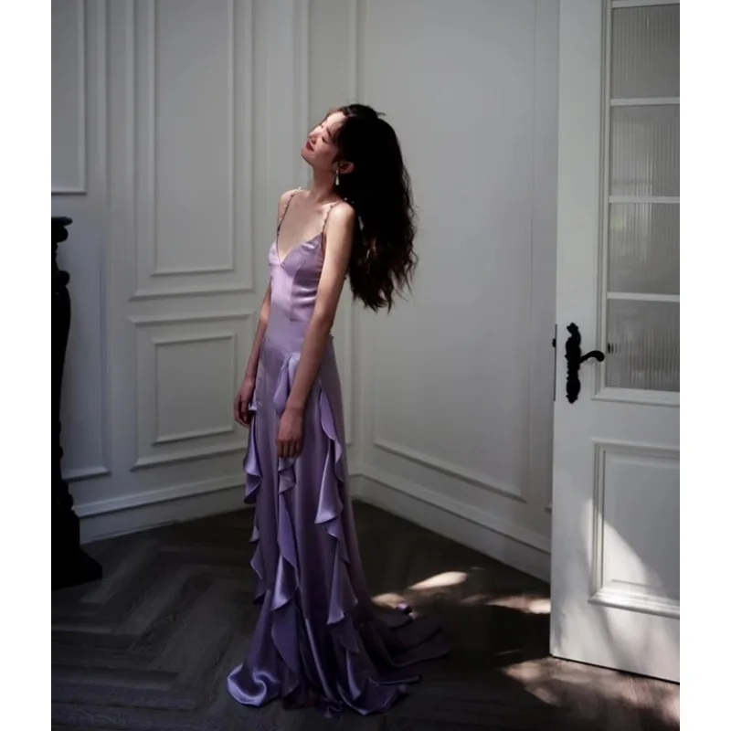 Wakuta-Robe de mariée plissée violette à col en V pour femme, sangle sexy, fendue, pompon, fête d'anniversaire, mariage