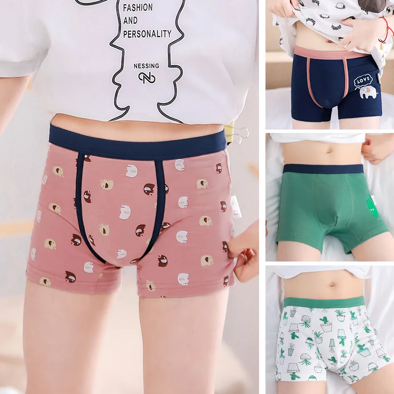 4piece/pack Teen Underwear Cotton Children Breathable Boxer Shorts Cartoon Elephant Print Underpants for Toddler Boys 4 8 12 14Y