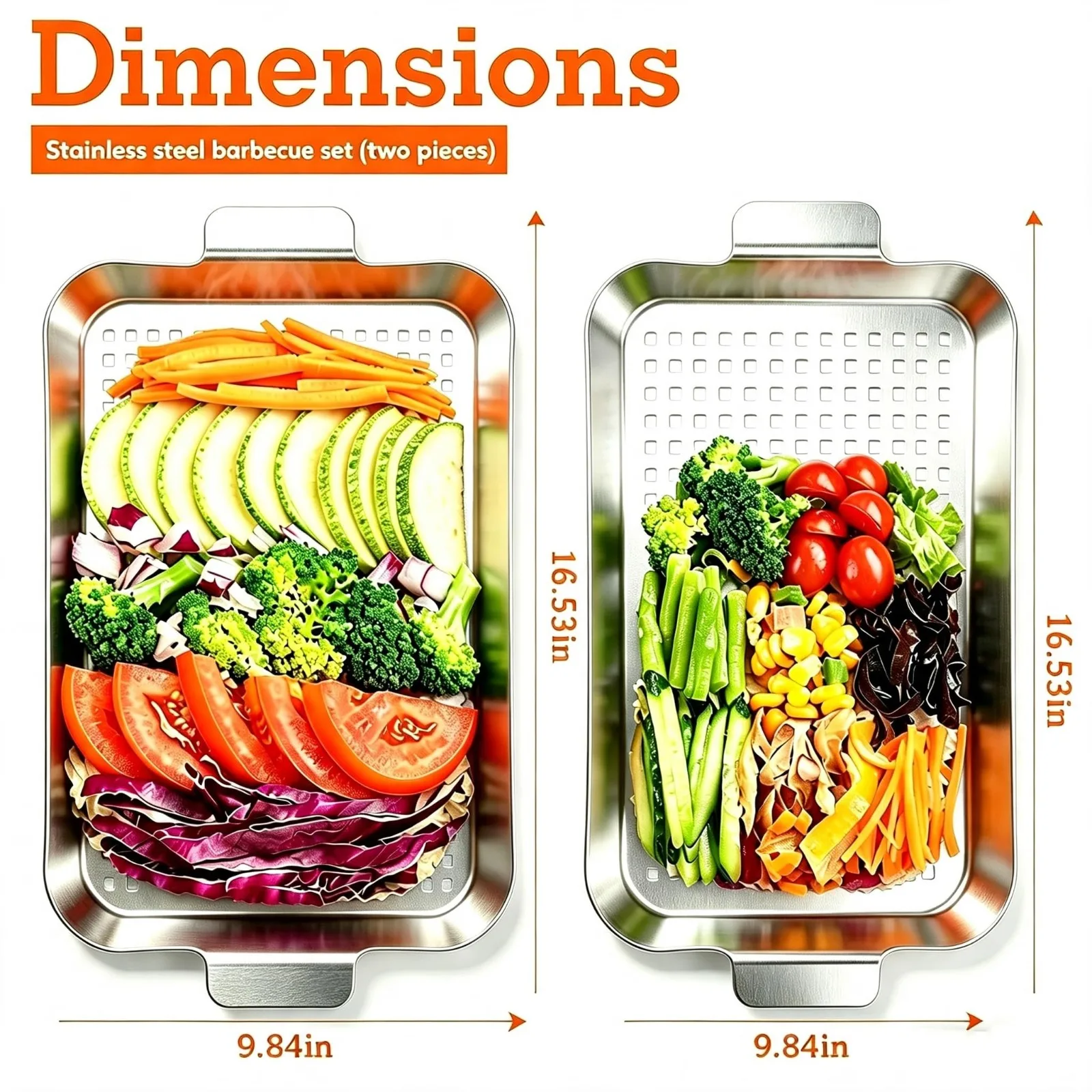 2PCS Grill Topper Stainless Steel BBQ Pan Tray Easy Clean for Vegetables Seafood Meat Outdoor Barbecue Camping Picnic Party Gift