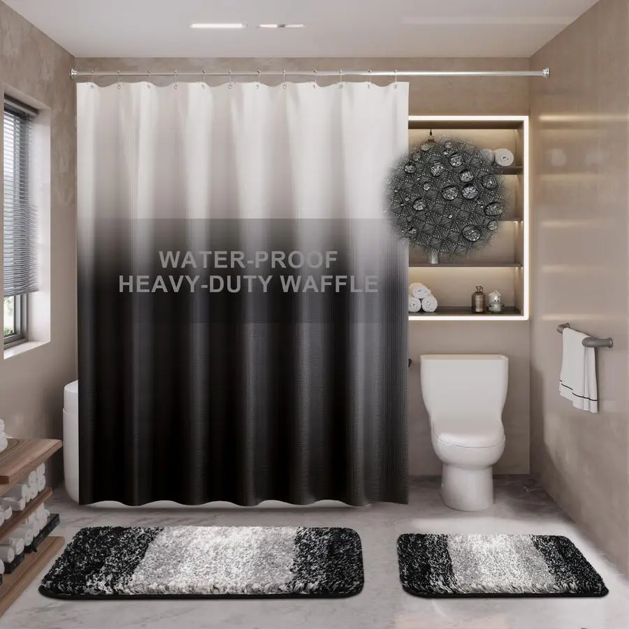 

Pcs Shower Curtain Set Black Bathroom Sets with Shower Curtain and Rugs Ombre Waterproof Thicken Waffle Shower Curtain with 2 Pi