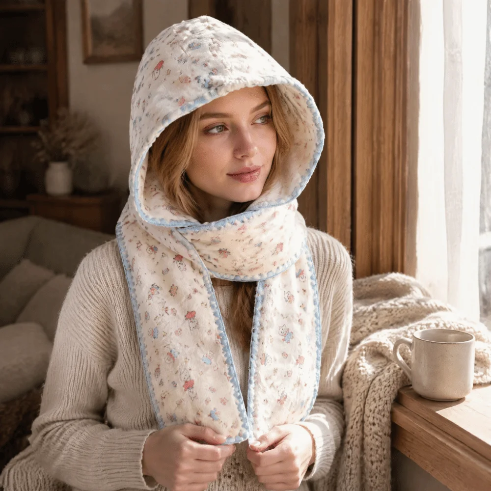 Cute Double-Sided Winter Scarf Hat Warm Floral Print Hooded Earmuffs Scarf Convertible Thick Two-In-One Hat Scarf Outdoor
