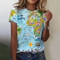 World Map Pattern Print Women's T-shirts Casual O-neck Summer Loose Short Sleeves T shirt 2024 Funny Women Clothing Pullover