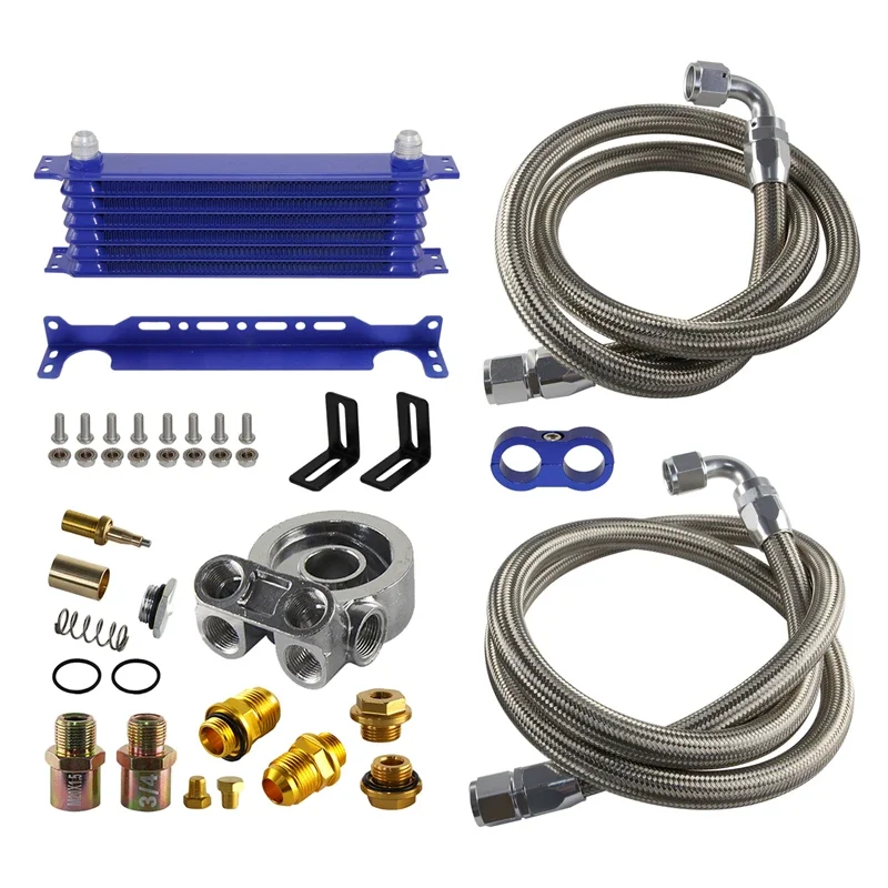 7 Row Engine Racing Trust Oil Cooler w/ Thermostat Oil Filter Adapter Kit  Black/Blue