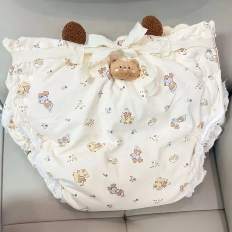 Adult Cotton Cartoon Pattern Cloth Diapers Lengthened Thickened Waterproof Layer Lace Trim ABDL Diaper Washable Nappies Briefs