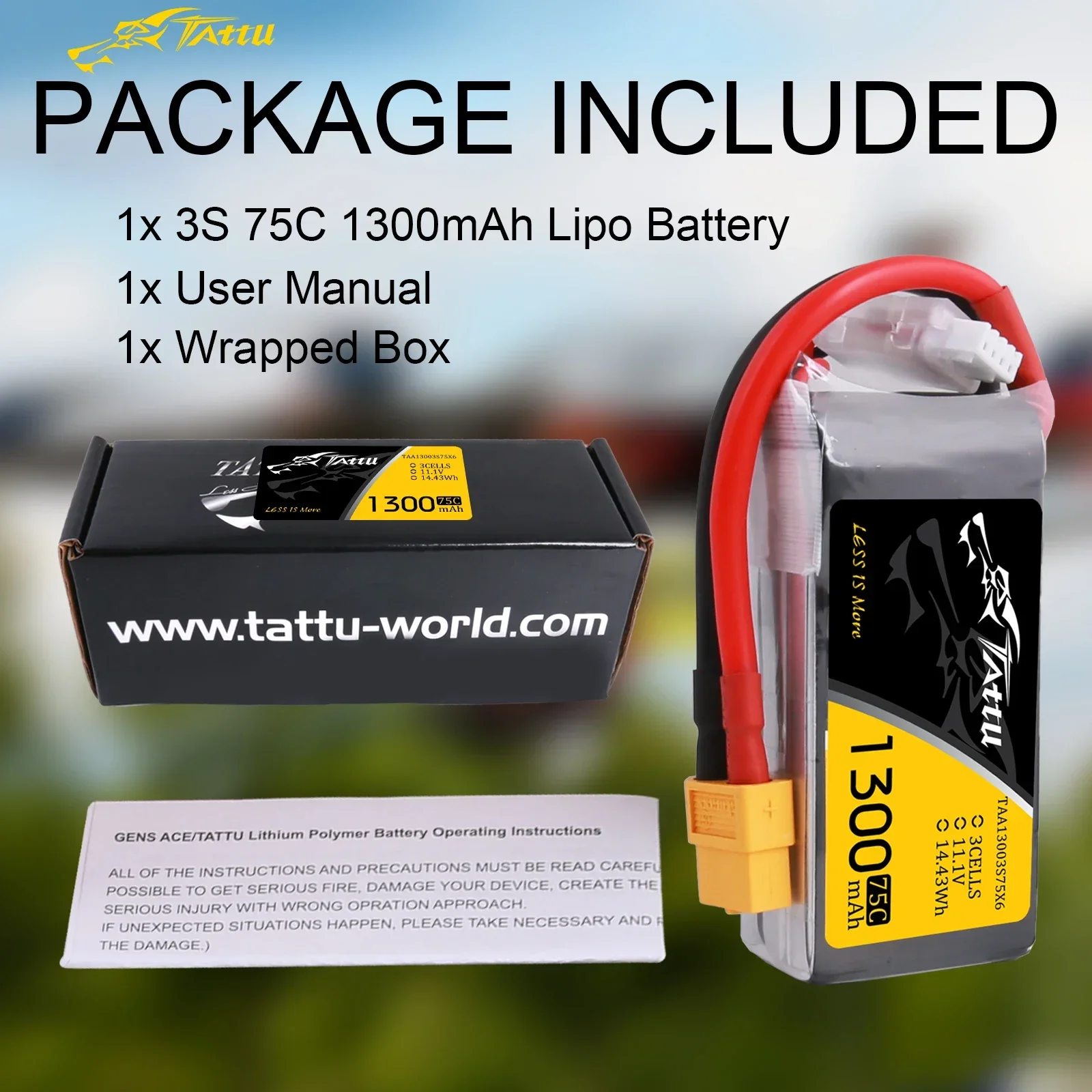 Tattu Lipo Battery 3S 1300mAh Lipo Battery 11.1V FPV Drone 75C XT60 Plug ZMR250 Qav 250 FPV Frame TA-75C-1300-3S-XT60