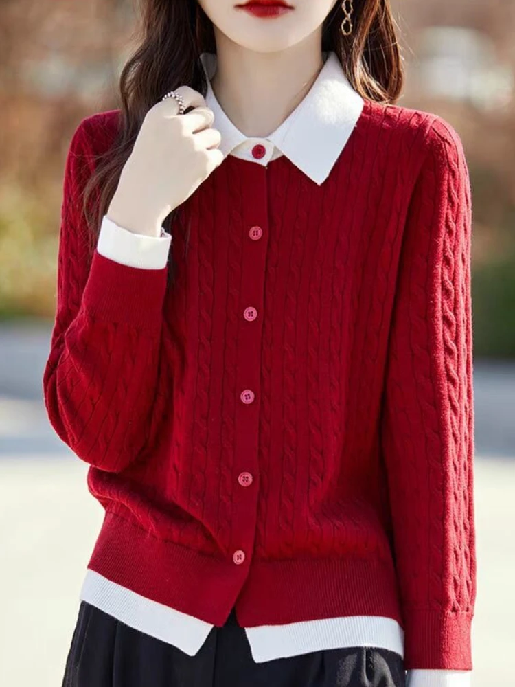 

Autumn New Doll Collar Button-down Knitted Cardigan Women'sPOLO Collar Contrasting Twist Sweater Fake Two-piece Twisted